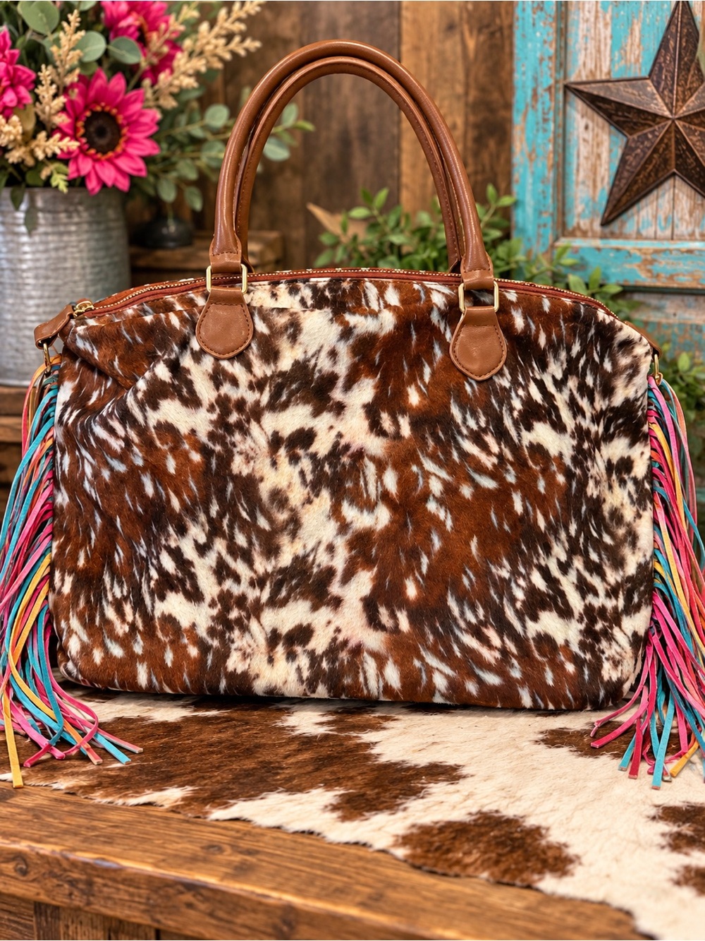 Cowhide Pattern Brown Travel Tote Bag with Colorful Fringe